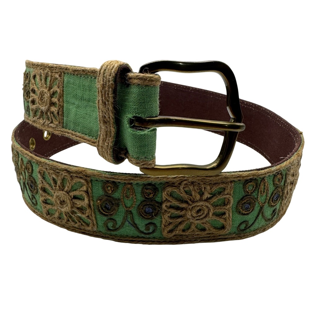 Lucky Brand Green Jute Embroidered Floral Boho Belt Women's 32 Festival Fairy